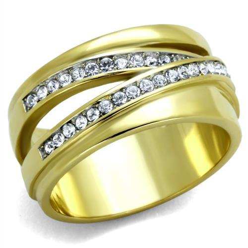 TK1914 - Two-Tone IP Gold (Ion Plating) Stainless Steel Ring with Top Grade Crystal in Clear - Alamode - Flyclothing LLC