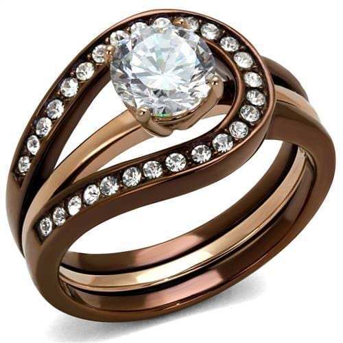 TK2032LC - IP Rose Gold & IP light Coffee Stainless Steel Ring with AAA Grade CZ in Clear - Alamode - Flyclothing LLC