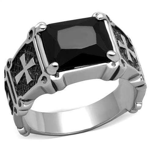 TK2055 - High polished (no plating) Stainless Steel Ring with Synthetic Synthetic Glass in Jet - Alamode - Flyclothing LLC