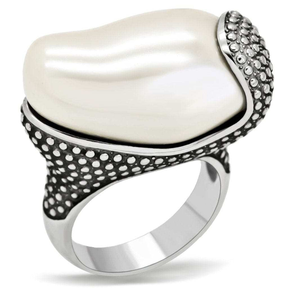 TK212 - High polished (no plating) Stainless Steel Ring with Synthetic Synthetic Stone in White - Alamode - Flyclothing LLC