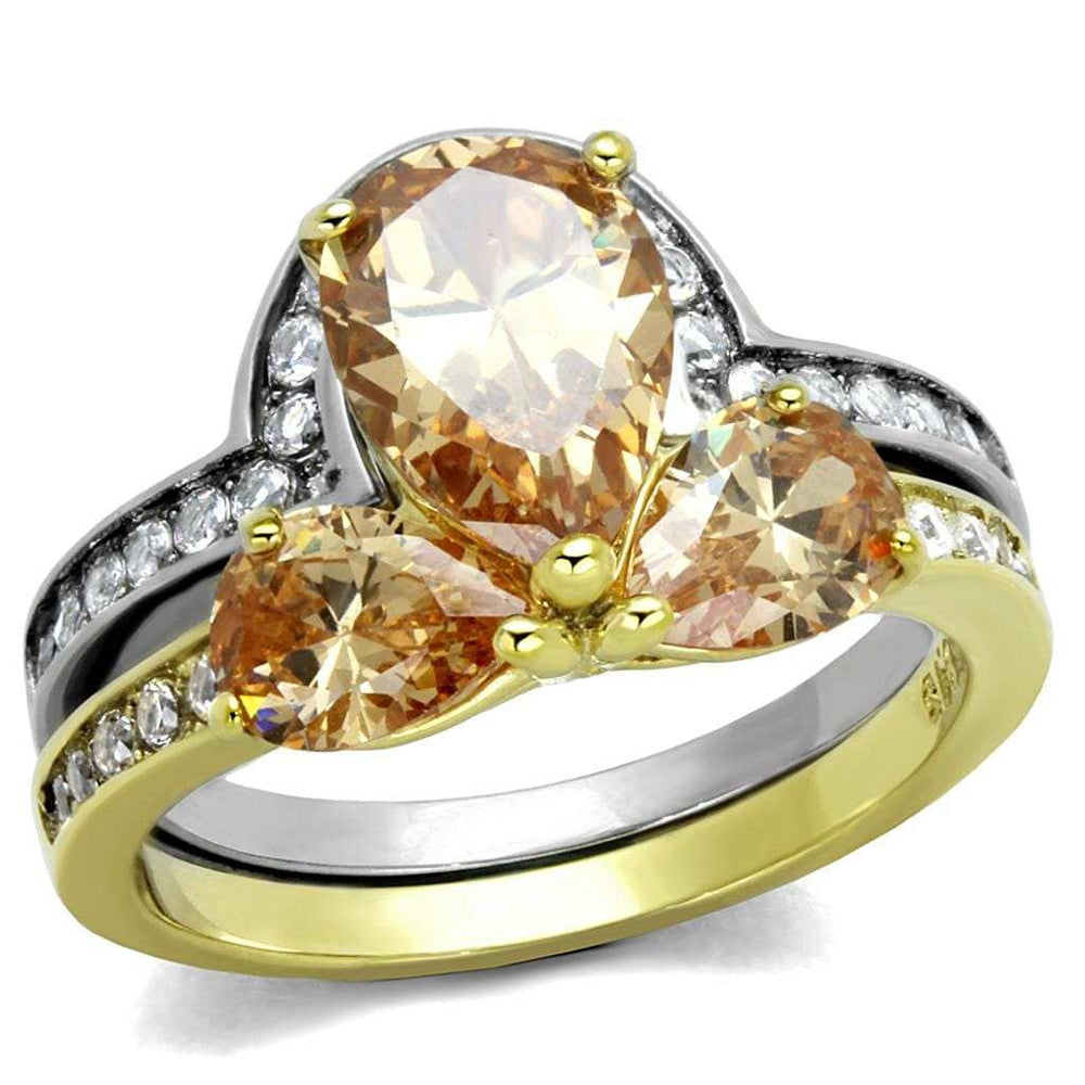 TK2132 - Two-Tone IP Gold (Ion Plating) Stainless Steel Ring with AAA Grade CZ in Champagne - Alamode - Flyclothing LLC