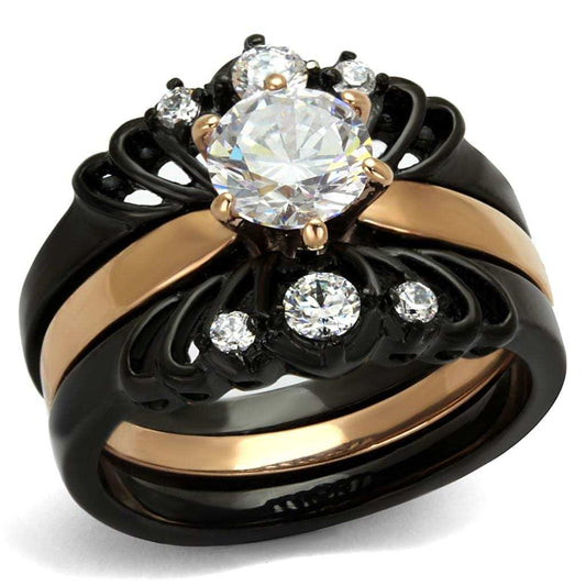 TK2189 - IP Rose Gold+ IP Black (Ion Plating) Stainless Steel Ring with AAA Grade CZ in Clear - Alamode - Flyclothing LLC