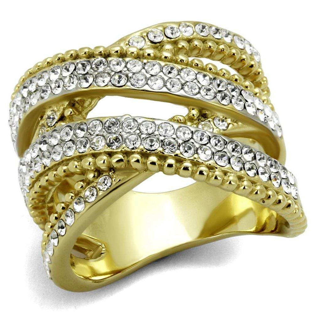 TK2252 - Two-Tone IP Gold (Ion Plating) Stainless Steel Ring with Top Grade Crystal in Clear - Alamode - Flyclothing LLC