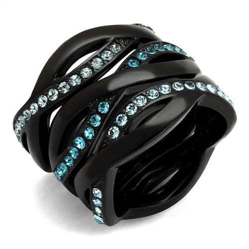 TK2492 - IP Black(Ion Plating) Stainless Steel Ring with Top Grade Crystal in Sea Blue - Alamode - Flyclothing LLC