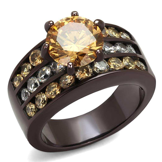 TK2681 - IP Dark Brown (IP coffee) Stainless Steel Ring with AAA Grade CZ in Champagne - Alamode - Flyclothing LLC