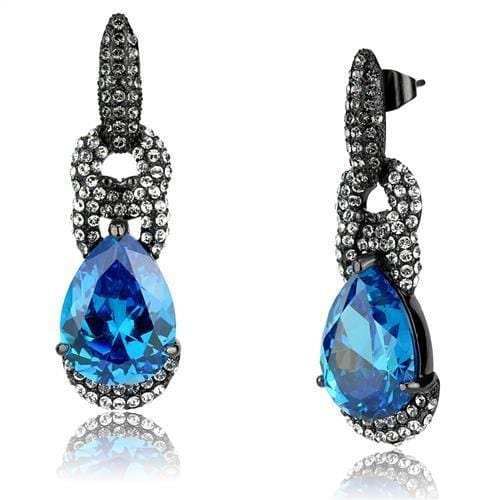TK2708 - IP Light Black (IP Gun) Stainless Steel Earrings with AAA Grade CZ in Sea Blue - Alamode - Flyclothing LLC