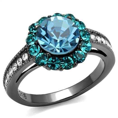 TK2716 - IP Light Black (IP Gun) Stainless Steel Ring with Top Grade Crystal in Sea Blue - Alamode - Flyclothing LLC