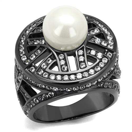 TK2771 - IP Light Black (IP Gun) Stainless Steel Ring with Synthetic Pearl in White - Alamode - Flyclothing LLC