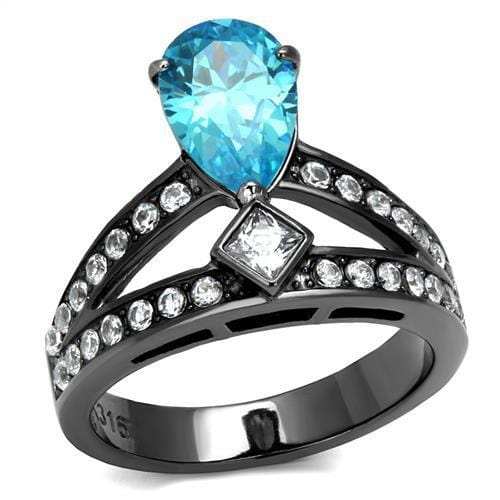 TK2775 - IP Light Black (IP Gun) Stainless Steel Ring with AAA Grade CZ in Sea Blue - Alamode - Flyclothing LLC
