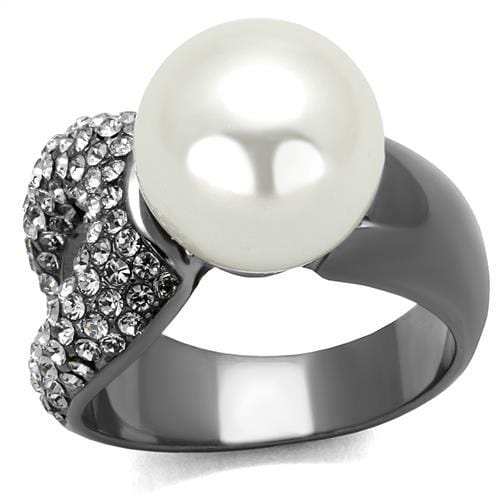 TK2800 - IP Light Black (IP Gun) Stainless Steel Ring with Synthetic Pearl in White - Alamode - Flyclothing LLC