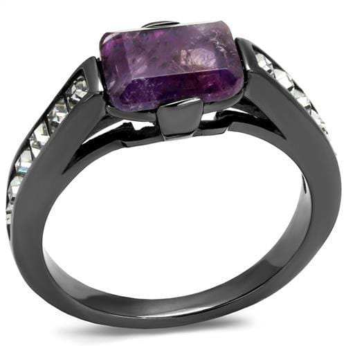 TK2832 - IP Light Black (IP Gun) Stainless Steel Ring with Precious Stone Amethyst Crystal in Amethyst - Alamode - Flyclothing LLC