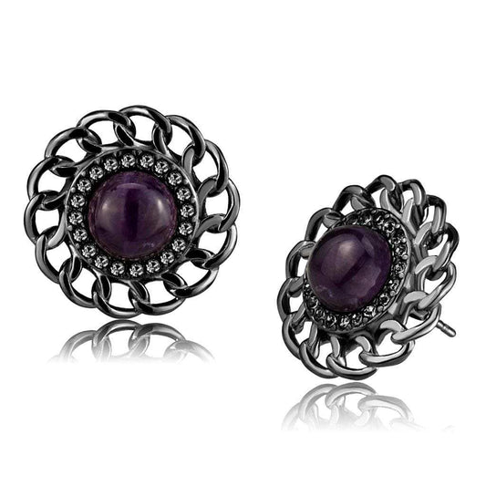 TK2889 - IP Light Black (IP Gun) Stainless Steel Earrings with Semi-Precious Amethyst Crystal in Amethyst - Alamode - Flyclothing LLC