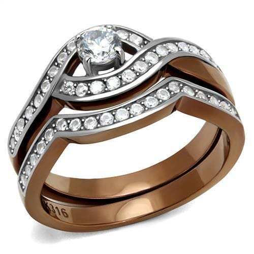 TK2953 - Two Tone IP Light Brown (IP Light coffee) Stainless Steel Ring with AAA Grade CZ in Clear - Alamode - Flyclothing LLC