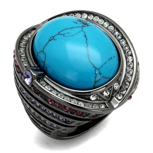 TK2983 - IP Light Black (IP Gun) Stainless Steel Ring with Synthetic Turquoise in Sea Blue - Alamode - Flyclothing LLC