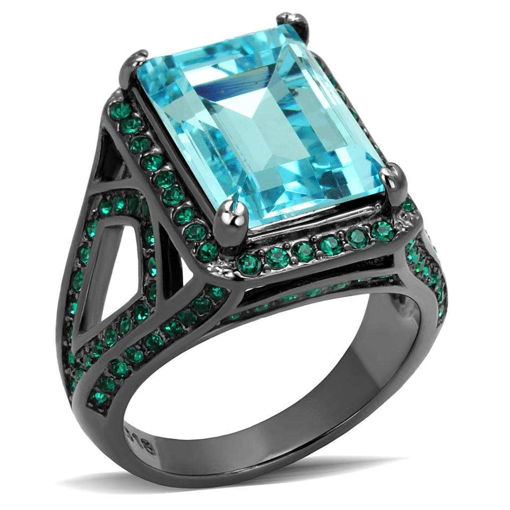 TK2988 - IP Light Black (IP Gun) Stainless Steel Ring with Top Grade Crystal in Sea Blue - Alamode - Flyclothing LLC