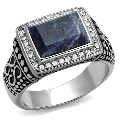 TK3003 - High polished (no plating) Stainless Steel Ring with Semi-Precious Sodalite in Capri Blue - Alamode - Flyclothing LLC