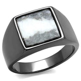 TK3005 - IP Light Black (IP Gun) Stainless Steel Ring with Semi-Precious Zebra Jasper in Gray - Alamode - Flyclothing LLC
