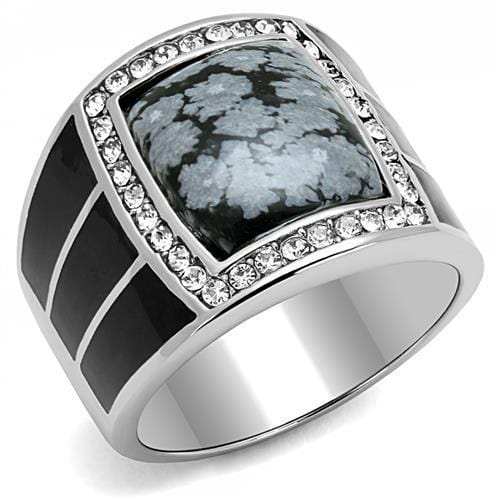 TK3042 - High polished (no plating) Stainless Steel Ring with Semi-Precious Snowflake Obsidian in Jet - Alamode - Flyclothing LLC