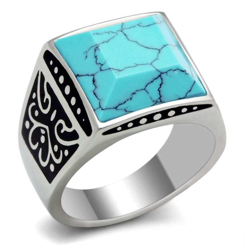 TK304 - High polished (no plating) Stainless Steel Ring with Synthetic Turquoise in Sea Blue - Alamode - Flyclothing LLC
