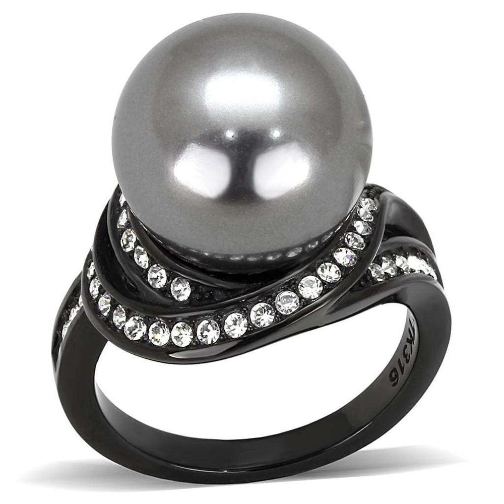 TK3052 - IP Black(Ion Plating) Stainless Steel Ring with Synthetic Pearl in Gray - Alamode - Flyclothing LLC