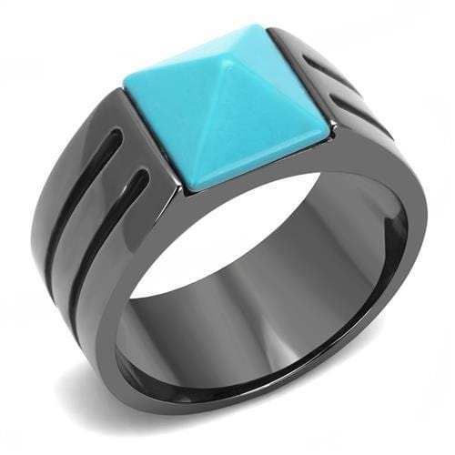 TK3074 - IP Light Black (IP Gun) Stainless Steel Ring with Synthetic Turquoise in Sea Blue - Alamode - Flyclothing LLC