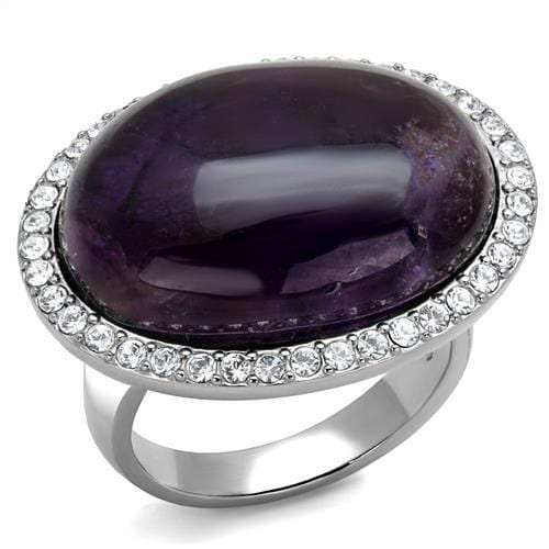 TK3083 - High polished (no plating) Stainless Steel Ring with Semi-Precious Amethyst Crystal in Amethyst - Alamode - Flyclothing LLC