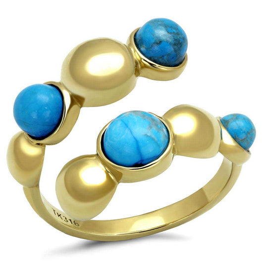 TK3091 - IP Gold(Ion Plating) Stainless Steel Ring with Semi-Precious Turquoise in Sea Blue - Alamode - Flyclothing LLC