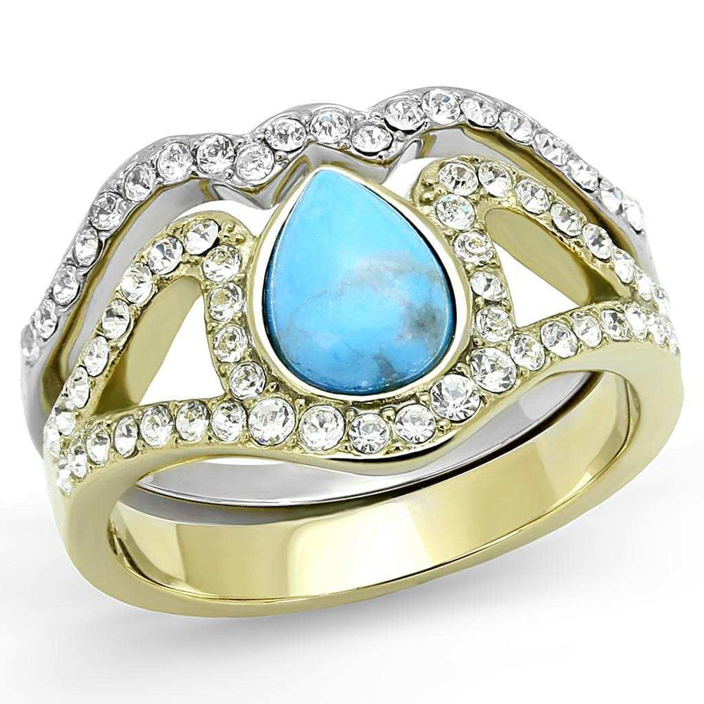 TK3124 - Two-Tone IP Gold (Ion Plating) Stainless Steel Ring with Synthetic Turquoise in Turquoise - Alamode - Flyclothing LLC