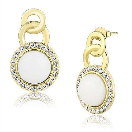 TK3152 - IP Gold(Ion Plating) Stainless Steel Earrings with Synthetic Jade in White - Alamode - Flyclothing LLC