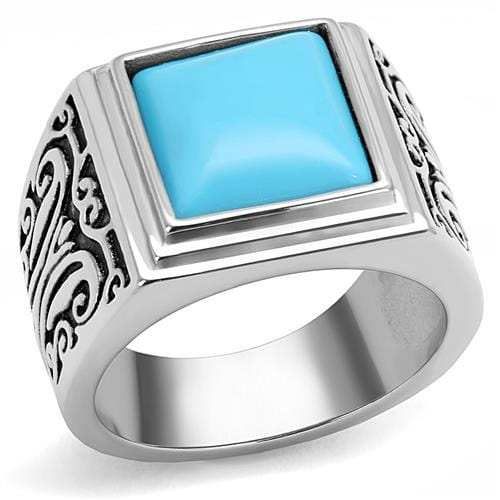 TK3188 - High polished (no plating) Stainless Steel Ring with Synthetic Turquoise in Sea Blue - Alamode - Flyclothing LLC