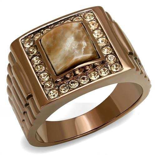 TK3190 - IP Coffee light Stainless Steel Ring with Semi-Precious Rain Flower Stone in Brown - Alamode - Flyclothing LLC