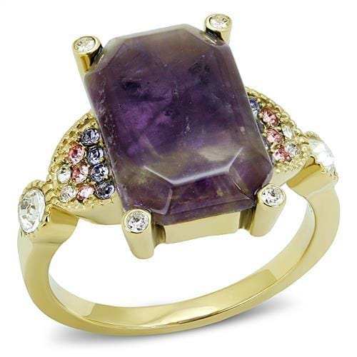 TK3195 - IP Gold(Ion Plating) Stainless Steel Ring with Semi-Precious Amethyst Crystal in Amethyst - Alamode - Flyclothing LLC