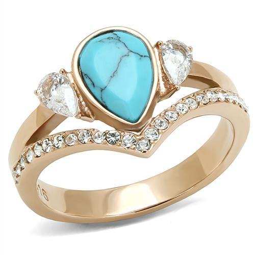 TK3200 - IP Rose Gold(Ion Plating) Stainless Steel Ring with Synthetic Turquoise in Sea Blue - Alamode - Flyclothing LLC