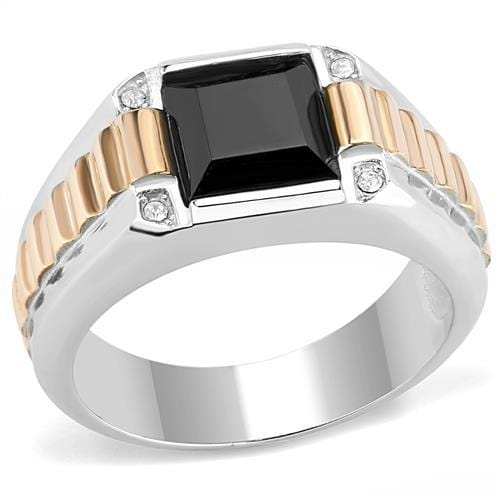 TK3227 - Two-Tone IP Rose Gold Stainless Steel Ring with Synthetic Onyx in Jet - Alamode - Flyclothing LLC
