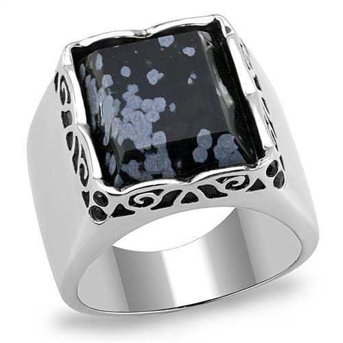 TK3230 - High polished (no plating) Stainless Steel Ring with Semi-Precious Snowflake Obsidian in Jet - Alamode - Flyclothing LLC