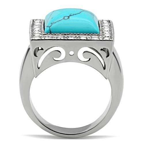 TK323 - High polished (no plating) Stainless Steel Ring with Synthetic Turquoise in Sea Blue - Alamode - Flyclothing LLC