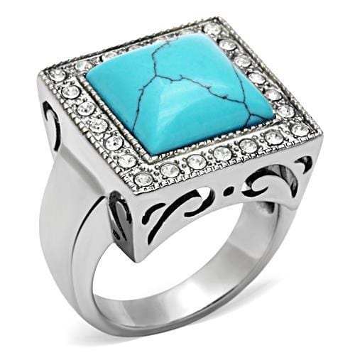 TK323 - High polished (no plating) Stainless Steel Ring with Synthetic Turquoise in Sea Blue - Alamode - Flyclothing LLC