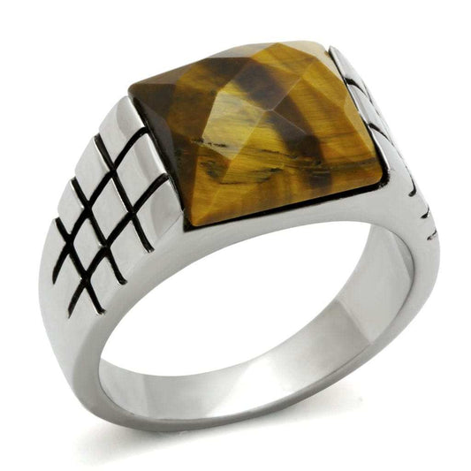 TK324 - High polished (no plating) Stainless Steel Ring with Semi-Precious Tiger Eye in Smoked Quartz - Alamode - Flyclothing LLC