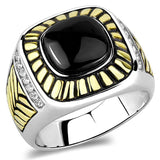 TK3294 - Two-Tone IP Gold (Ion Plating) Stainless Steel Ring with Synthetic Onyx in Jet - Alamode - Flyclothing LLC