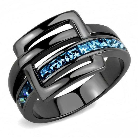 TK3451 - IP Light Black (IP Gun) Stainless Steel Ring with Top Grade Crystal in Sea Blue - Alamode - Flyclothing LLC