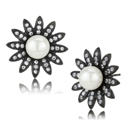 TK3484 - IP Black(Ion Plating) Stainless Steel Earrings with Synthetic Pearl in White - Alamode - Flyclothing LLC