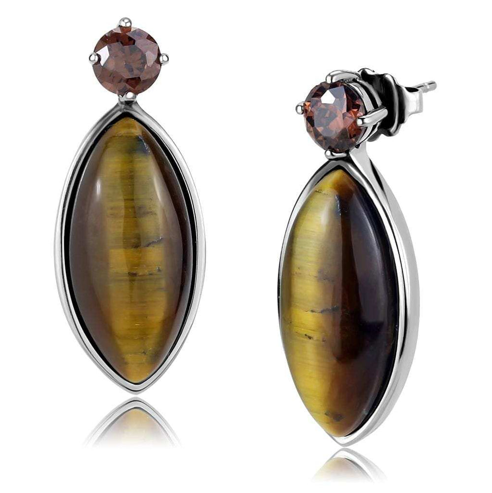 TK3488 - High polished (no plating) Stainless Steel Earrings with Semi-Precious Tiger Eye in Topaz - Alamode - Flyclothing LLC