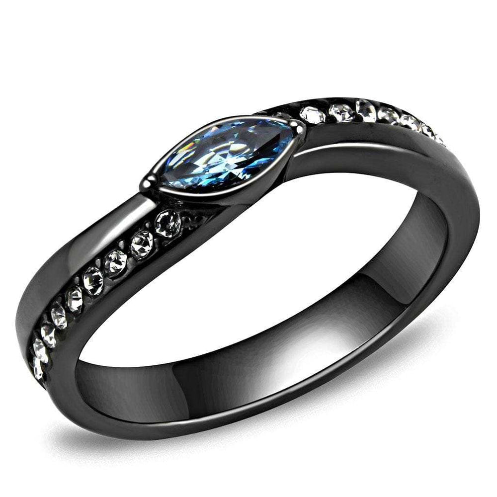 TK3511 - IP Light Black (IP Gun) Stainless Steel Ring with AAA Grade CZ in Sea Blue - Alamode - Flyclothing LLC