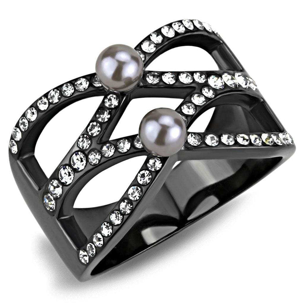 TK3515 - IP Light Black (IP Gun) Stainless Steel Ring with Synthetic Pearl in Gray - Alamode - Flyclothing LLC