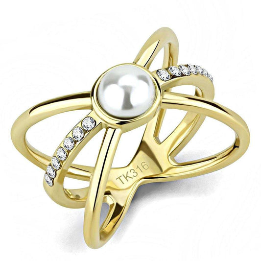TK3522 - IP Gold(Ion Plating) Stainless Steel Ring with Synthetic Pearl in White - Alamode - Flyclothing LLC