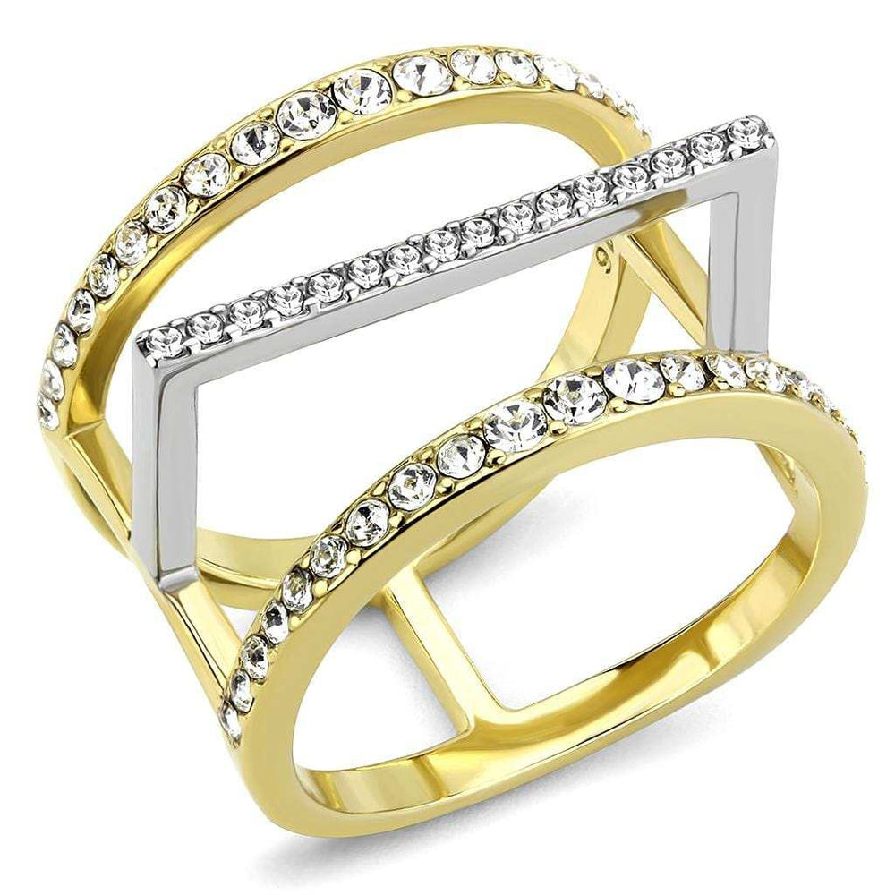 TK3593 - Two-Tone IP Gold (Ion Plating) Stainless Steel Ring with Top Grade Crystal in Clear - Alamode - Flyclothing LLC
