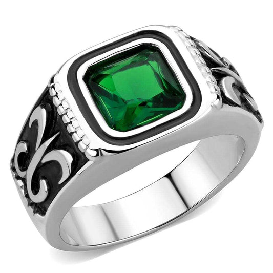 TK3616 - High polished (no plating) Stainless Steel Ring with Synthetic Synthetic Glass in Emerald - Alamode - Flyclothing LLC