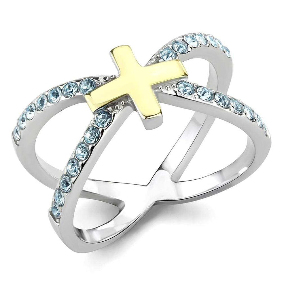 TK3636 - Two-Tone IP Gold (Ion Plating) Stainless Steel Ring with Top Grade Crystal in Sea Blue - Alamode - Flyclothing LLC