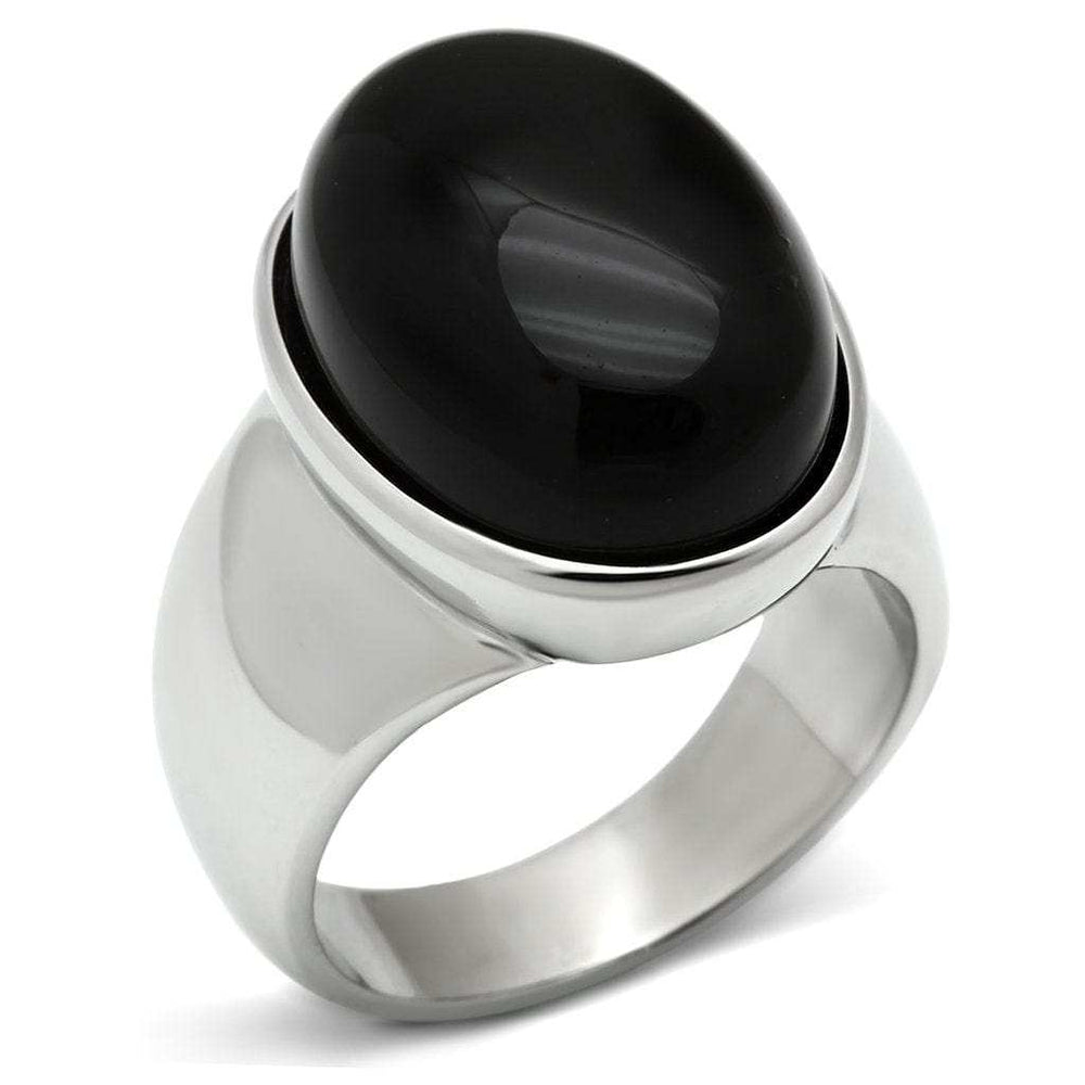 TK501 - High polished (no plating) Stainless Steel Ring with Semi-Precious Onyx in Jet - Alamode - Flyclothing LLC