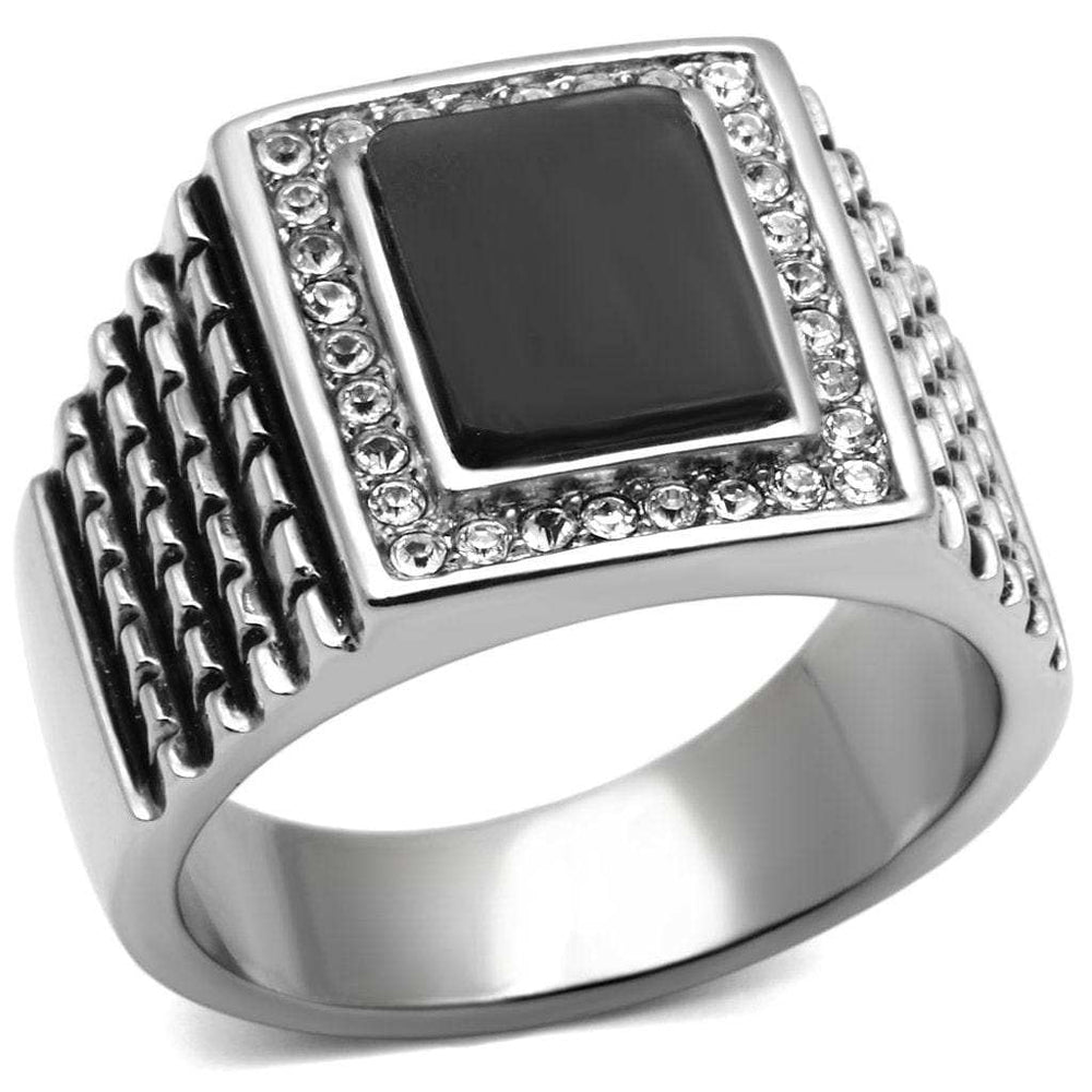 TK592 - High polished (no plating) Stainless Steel Ring with Synthetic Synthetic Stone in Jet - Alamode - Flyclothing LLC